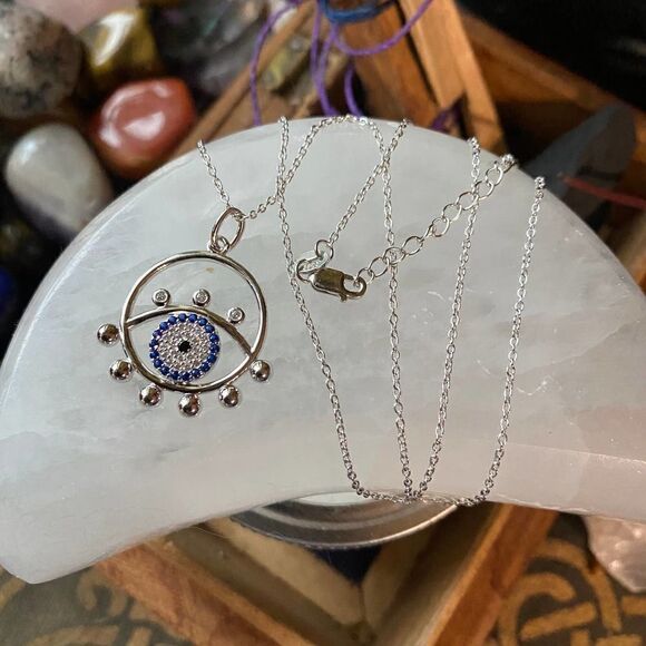 Evil Eye Sterling Silver CZ Blue Eyed Sapphire Necklace - Picture 3 of 6